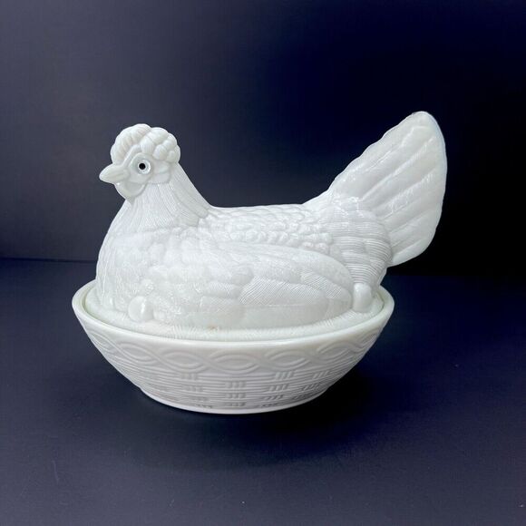 Unmarked Other - Antique White Milk Glass Large Nesting Chicken Hen Covered Dish